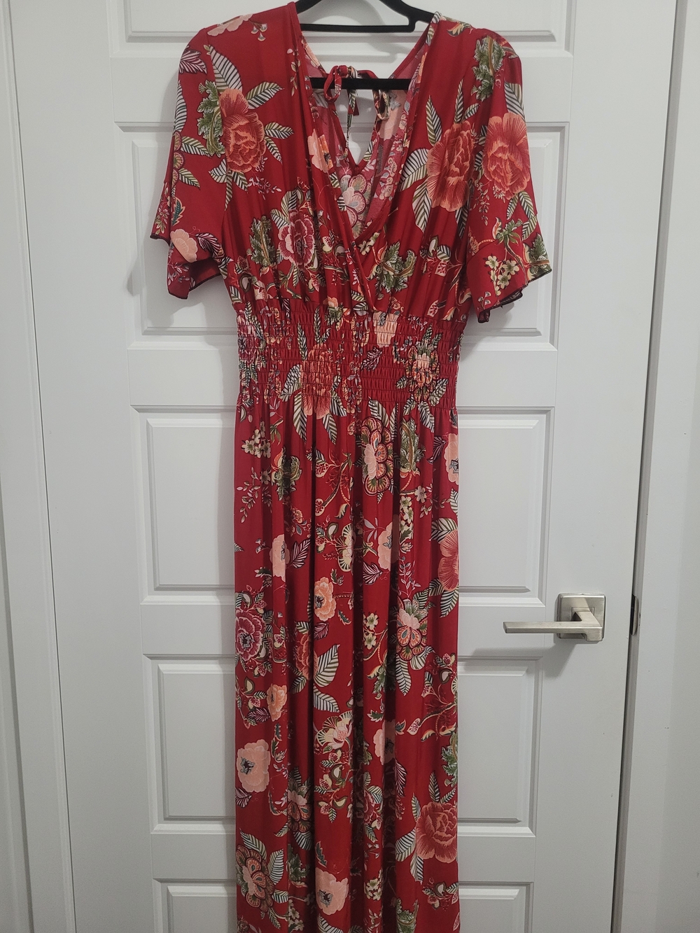 Source Unknown Red Floral V-Neck Maxi Dress with Tie Back